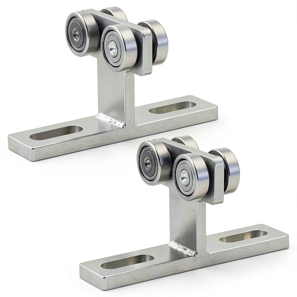 Foloser roller trolley assembly mounted on a Unistrut channel in a warehouse