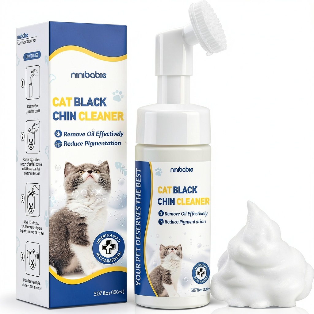 Applying Ninibabie Cat Shampoo with brush on a cat's chin