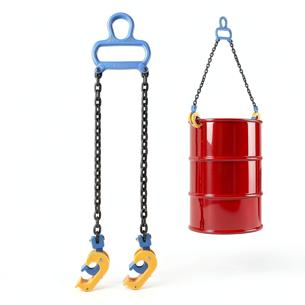 POWLAB drum sling chains lifting a metal drum in a warehouse
