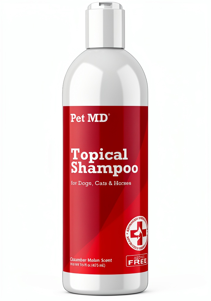 Applying Pet MD shampoo on a dog's coat during grooming