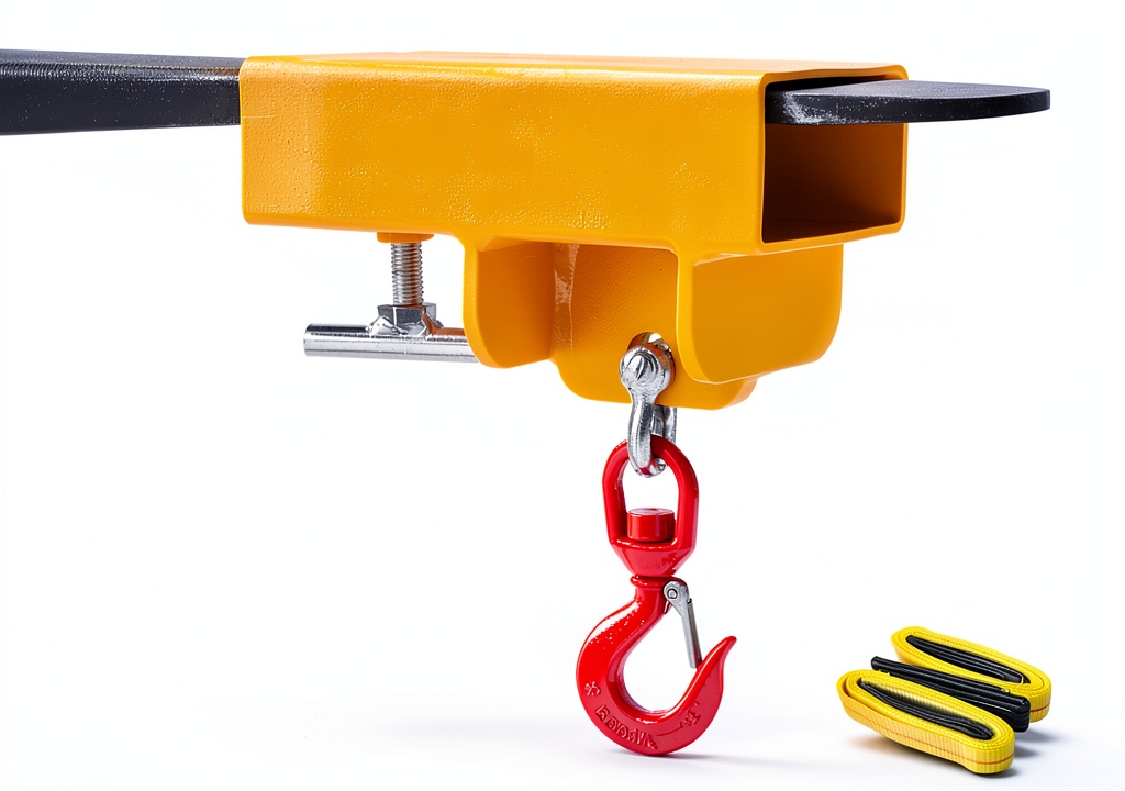 GaeaAuto forklift hook attached to a pallet fork in a warehouse