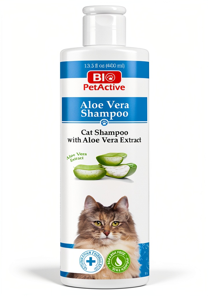 Bio PetActive Cat Shampoo bottle with aloe vera on a grooming table