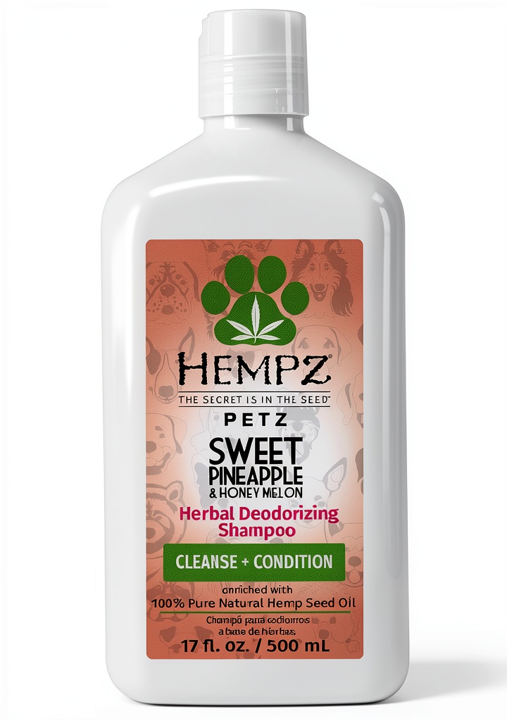 Hempz Petz Shampoo bottle with dog grooming scene