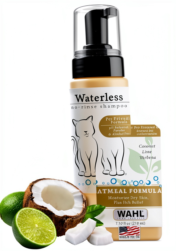Applying Wahl no-rinse cat shampoo on a feline coat