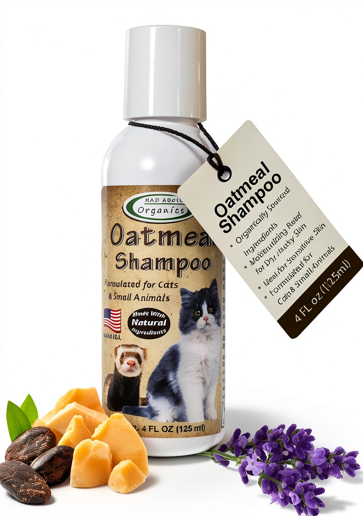 Mad About Organics Oatmeal Cat Shampoo bottle with pet