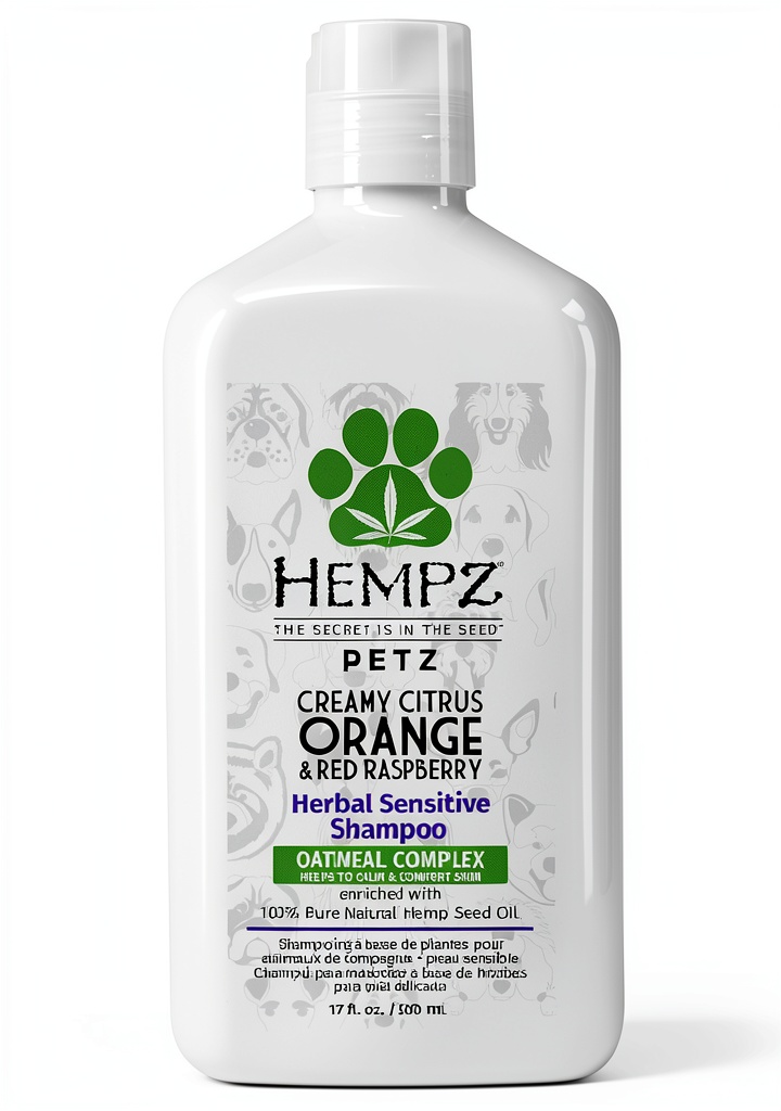 Hempz Dog Shampoo bottle with citrus scent on a grooming table