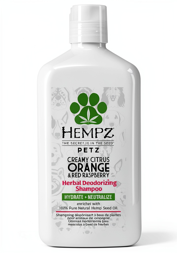 Hempz Dog Shampoo bottle with fruity scents on a grooming tray