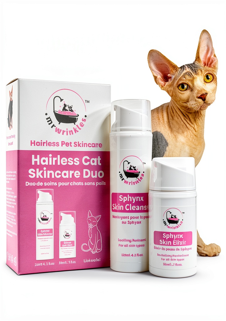Mr Wrinkles Cat Shampoo bottle with airless pump on a grooming table