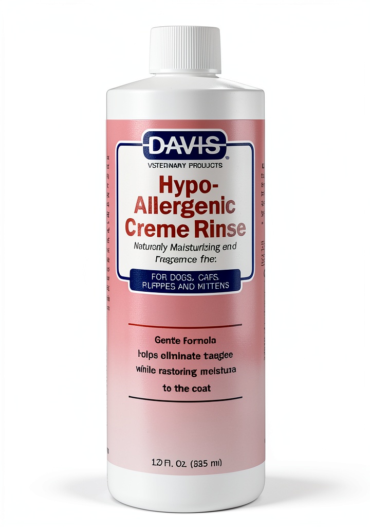 Davis Hypoallergenic Pet Conditioner bottle with pet grooming tools