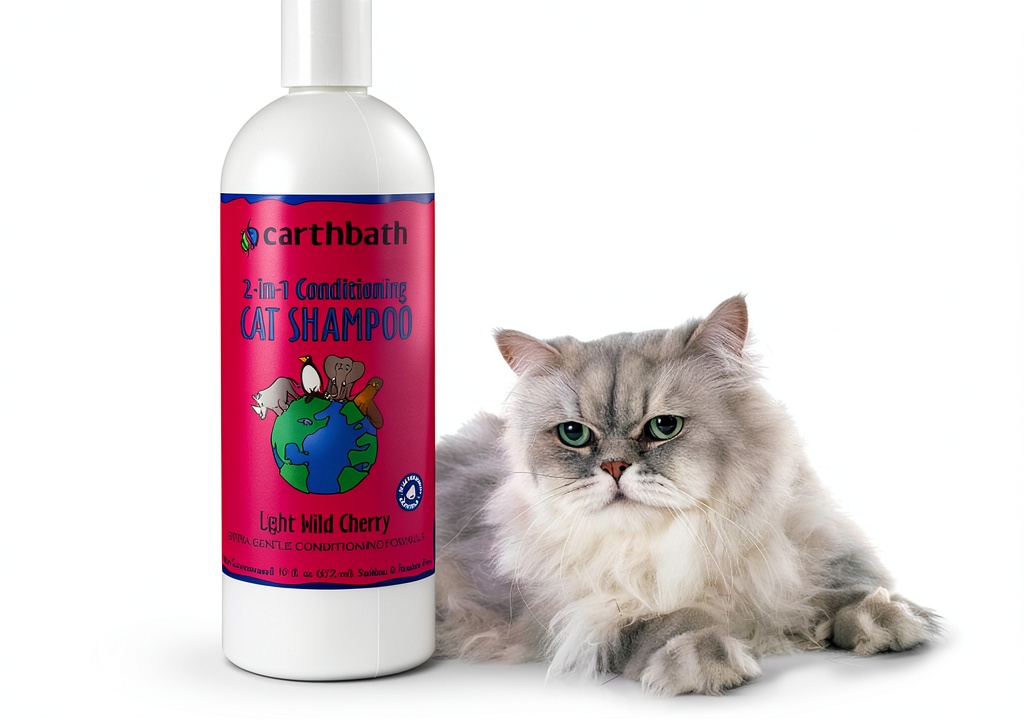 Earth Bath Cat Shampoo bottle with cherry scent on a grooming table