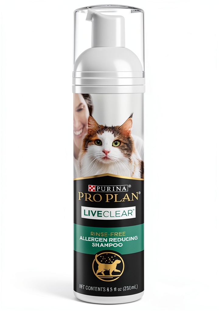 Applying Purina LIVECLEAR dry shampoo on a cat's fur